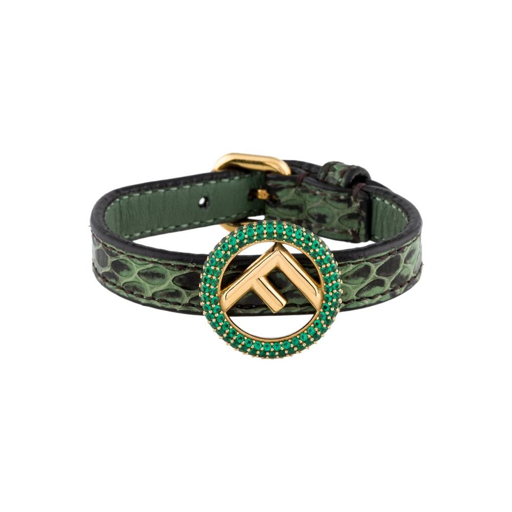 Fendi Gold-tone Crystal Green Snake Skin FF Leather Wrap Bracelet